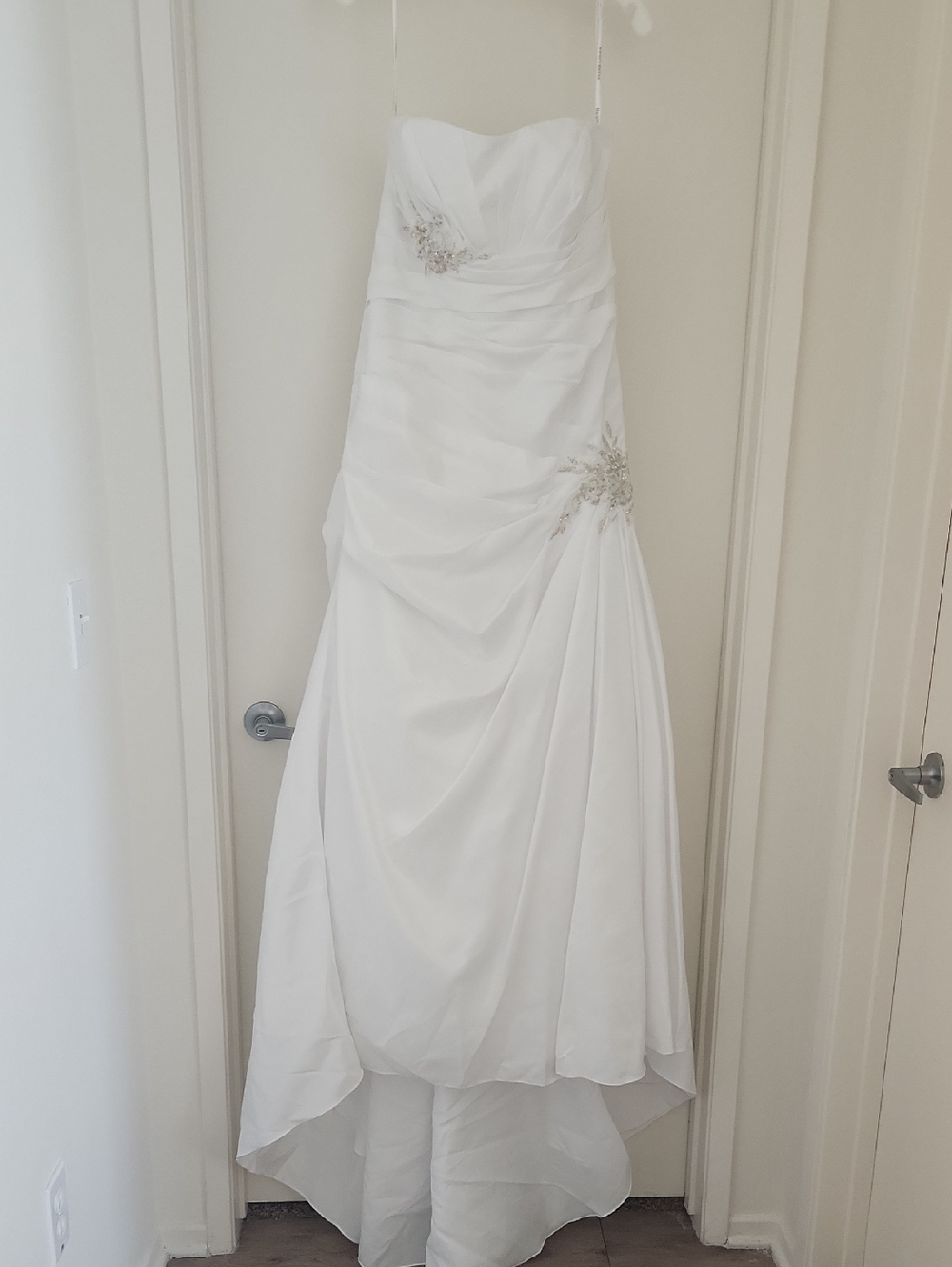 David's Bridal Strapless White Bridal Gown with Beaded Accents